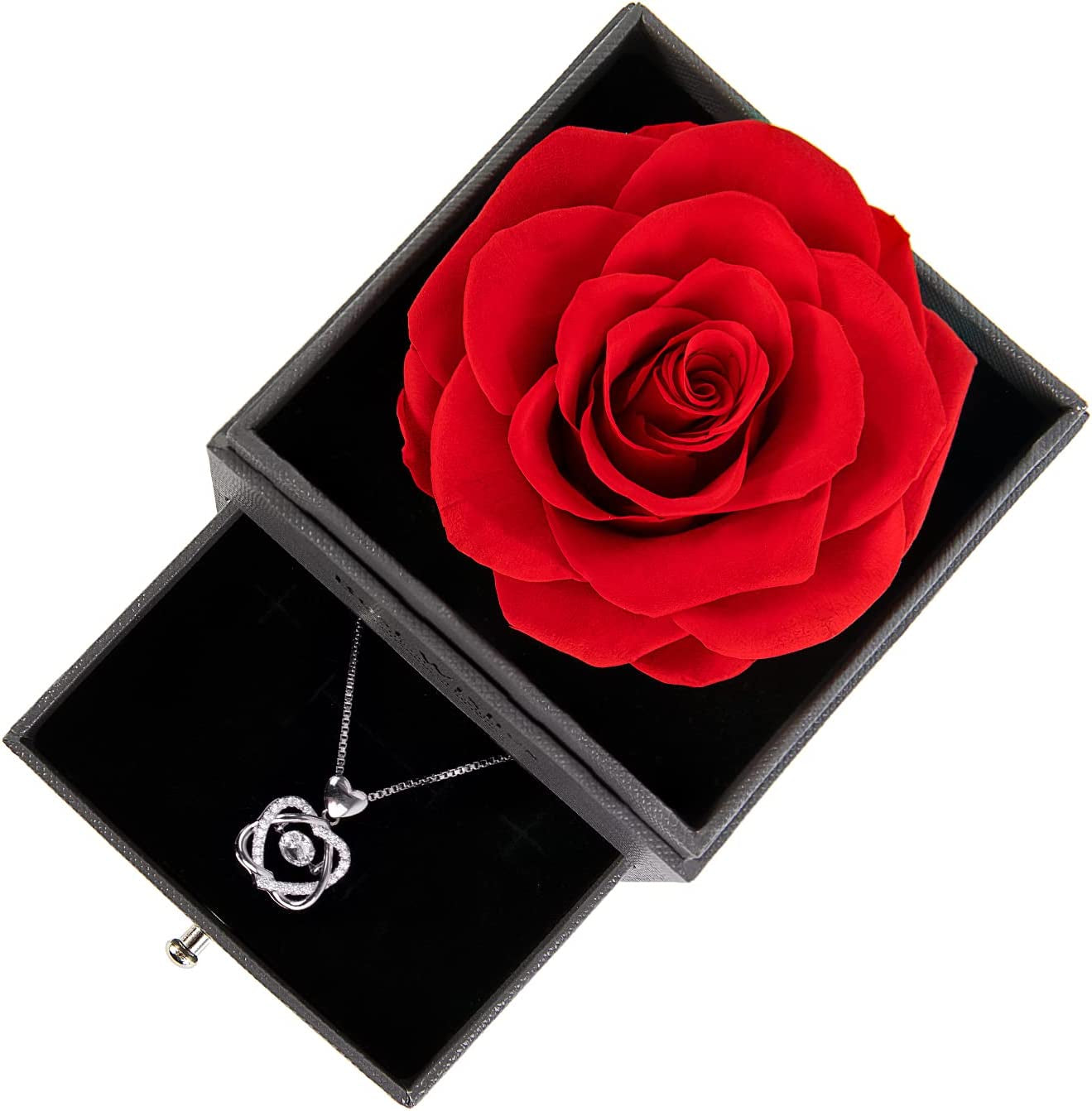 Preserved Real Rose with Dancing Heart Necklace. Birthday Gifts for Women for Her Unique Gifts for Mom Girlfriend Wife Sister. (Red)