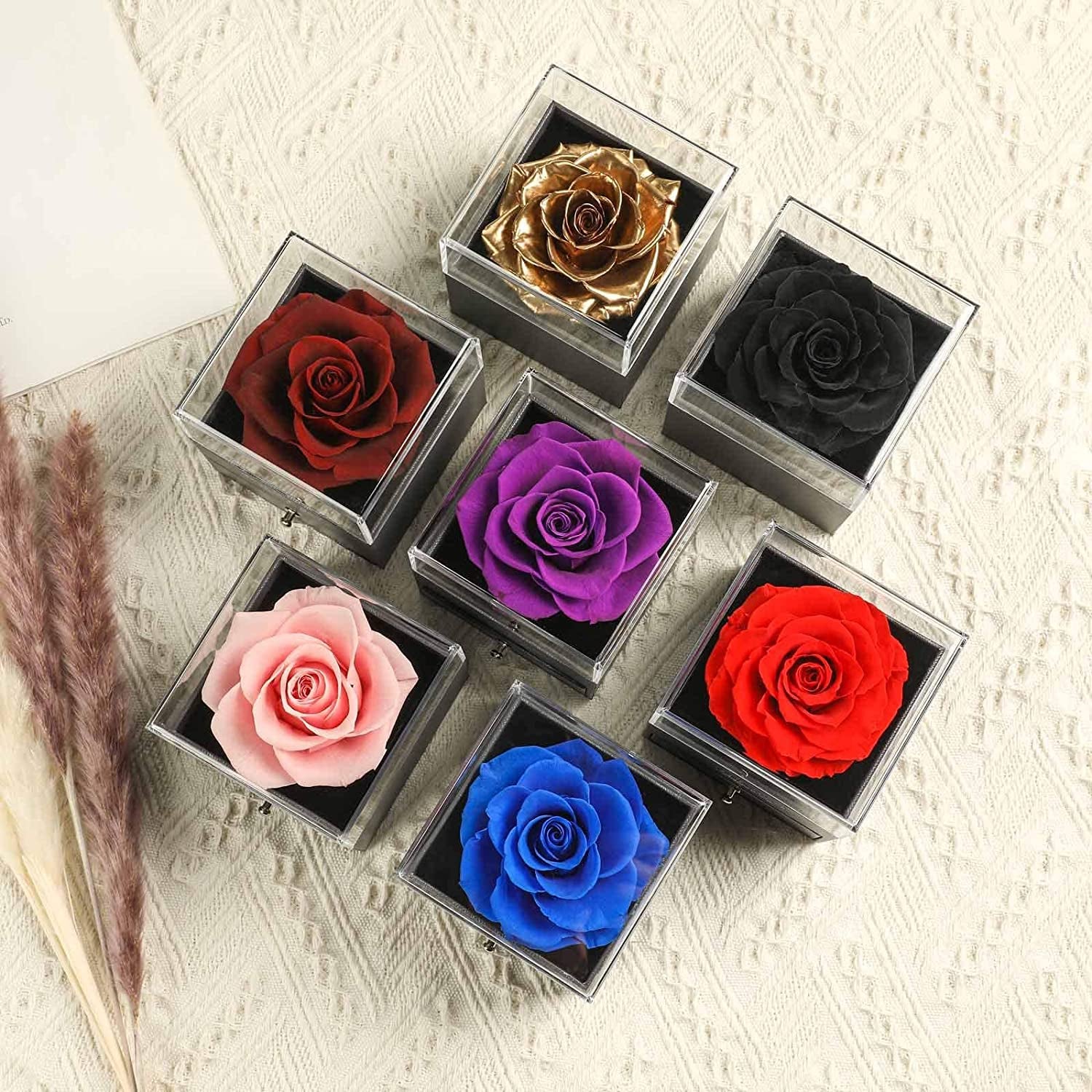Preserved Real Rose Drawer with Heart Necklace I Love You in 100 Languages Gift Set, Handmade Enchanted Real Rose Flower for Valentines Day Anniversary Birthday Romantic Gifts for Her (Golden)