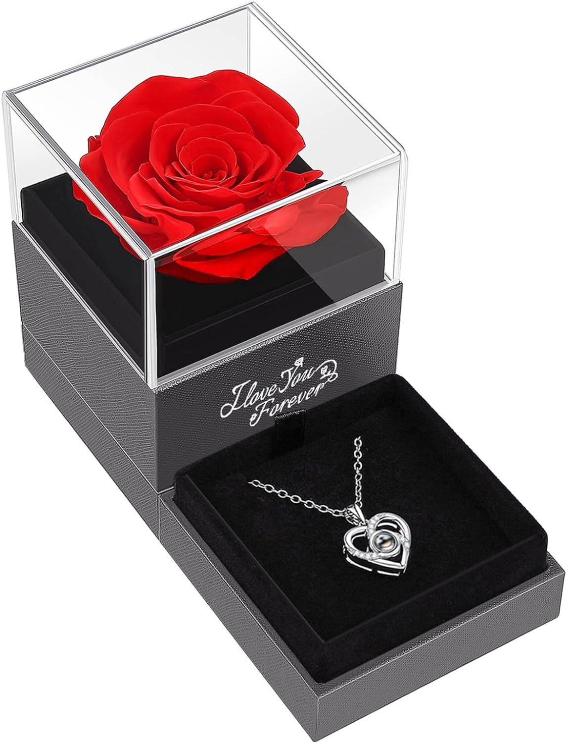 Preserved Red Real Rose with I Love You Necklace, Eternal Flowers Rose Gifts for Women Mom Wife and Girlfriend, Valentines Day Gifts for Her, Mothers Day, Anniversary, Birthday Gifts for Women